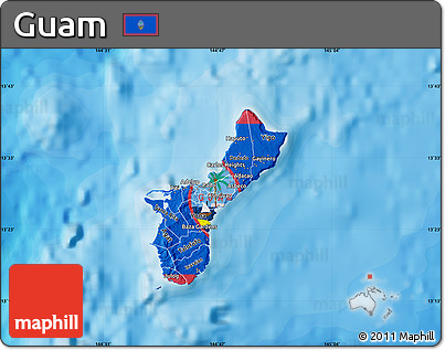 Flag Map of Guam, single color outside, bathymetry sea, shaded relief sea, flag centered
