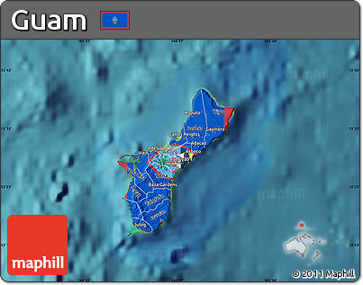 Flag Map of Guam, single color outside, satellite sea, flag aligned to the middle