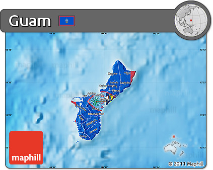 Flag Map of Guam, single color outside, shaded relief sea, flag aligned to the middle
