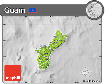 Physical Map of Guam, lighten, desaturated