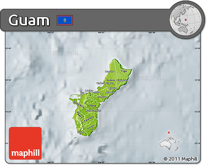 Physical Map of Guam, lighten, semi-desaturated