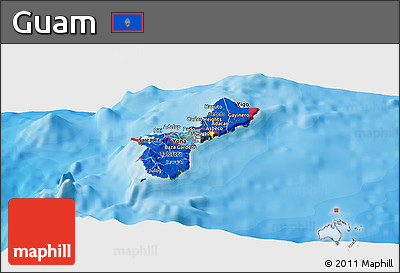 Flag Panoramic Map of Guam, physical outside, bathymetry sea, flag aligned to the middle