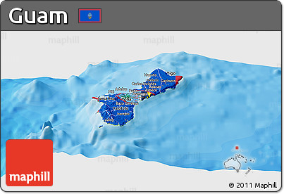Flag Panoramic Map of Guam, physical outside, bathymetry sea, flag aligned to the middle