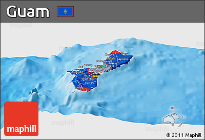 Flag Panoramic Map of Guam, shaded relief outside, bathymetry sea, flag centered
