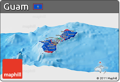 Flag Panoramic Map of Guam, shaded relief outside, bathymetry sea, flag centered