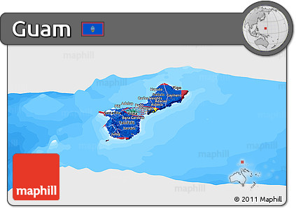 Flag Panoramic Map of Guam, single color outside, bathymetry sea, flag rotated