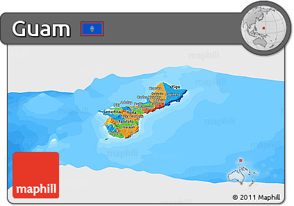Political Panoramic Map of Guam, single color outside, bathymetry sea