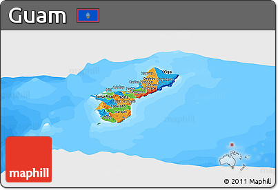 Political Panoramic Map of Guam, single color outside, bathymetry sea