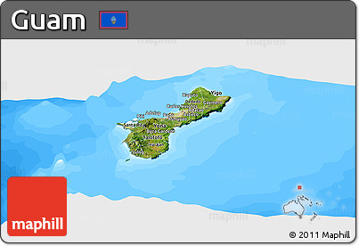 Satellite Panoramic Map of Guam, single color outside, bathymetry sea