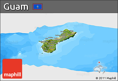 Satellite Panoramic Map of Guam, single color outside, bathymetry sea