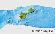 Satellite Panoramic Map of Guam, single color outside, bathymetry sea, shaded relief sea