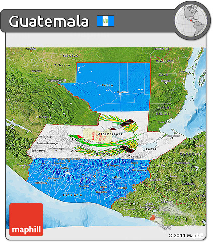 Flag 3D Map of Guatemala, satellite outside, bathymetry sea, flag rotated