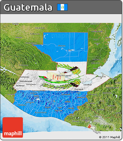 Flag 3D Map of Guatemala, satellite outside, bathymetry sea, flag rotated