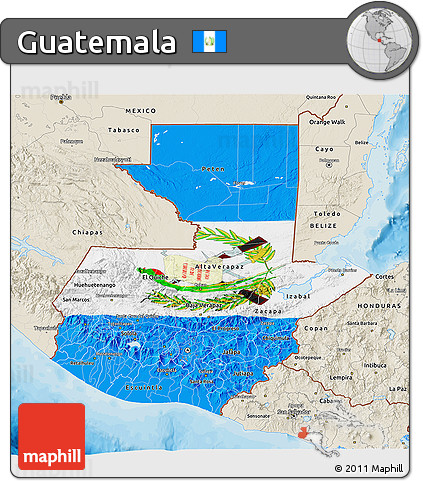 Flag 3D Map of Guatemala, shaded relief outside, bathymetry sea, flag rotated