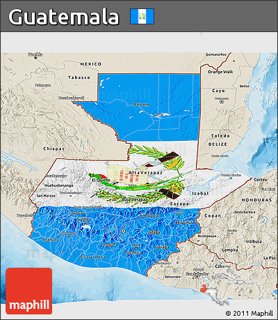 Flag 3D Map of Guatemala, shaded relief outside, bathymetry sea, flag rotated