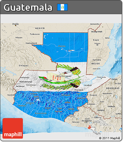 Flag 3D Map of Guatemala, shaded relief outside, bathymetry sea, flag rotated