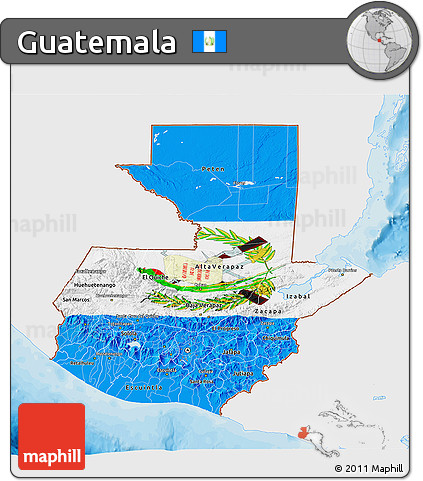 Flag 3D Map of Guatemala, single color outside, bathymetry sea, shaded relief sea, flag rotated