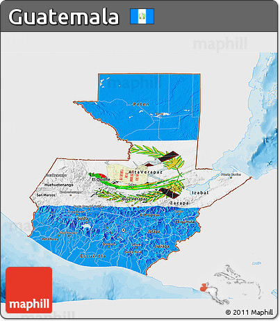 Flag 3D Map of Guatemala, single color outside, bathymetry sea, shaded relief sea, flag rotated