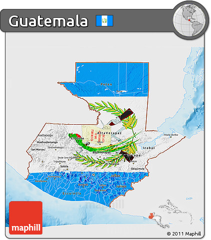 Flag 3D Map of Guatemala, single color outside, shaded relief sea, flag aligned to the middle