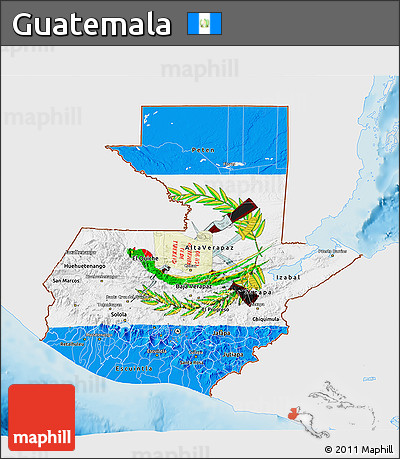 Flag 3D Map of Guatemala, single color outside, shaded relief sea, flag aligned to the middle