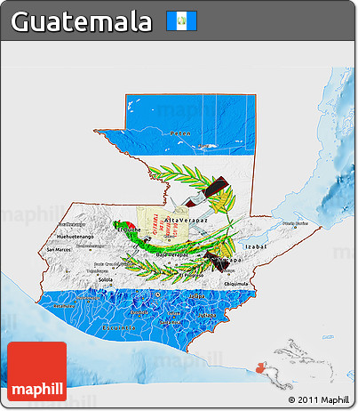 Flag 3D Map of Guatemala, single color outside, shaded relief sea, flag aligned to the middle