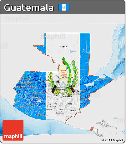 Flag 3D Map of Guatemala, single color outside, shaded relief sea