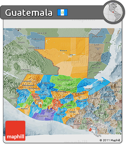 Political 3D Map of Guatemala, semi-desaturated