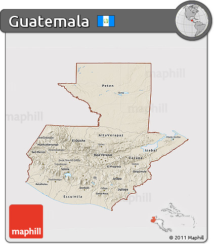 Shaded Relief 3D Map of Guatemala, cropped outside