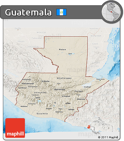 Shaded Relief 3D Map of Guatemala, lighten, land only