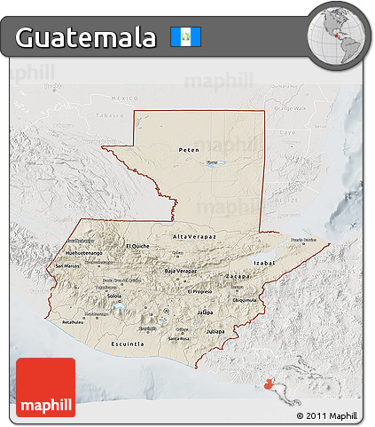 Shaded Relief 3D Map of Guatemala, lighten, semi-desaturated