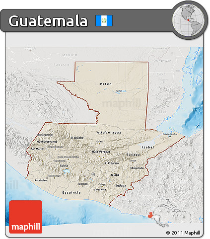 Shaded Relief 3D Map of Guatemala, lighten, semi-desaturated, land only