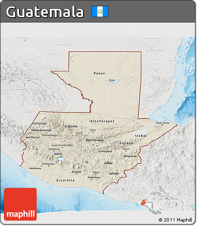 Shaded Relief 3D Map of Guatemala, lighten, semi-desaturated, land only