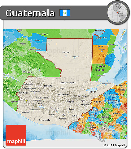 Shaded Relief 3D Map of Guatemala, political outside, shaded relief sea
