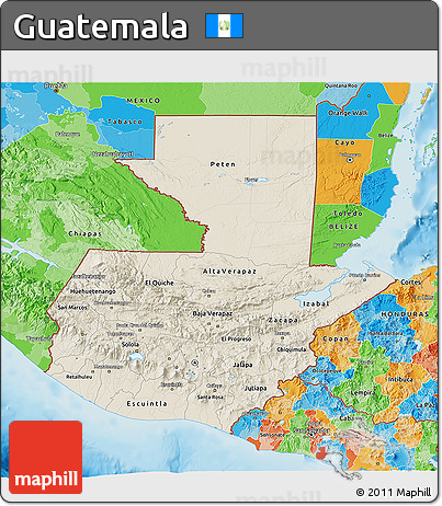 Shaded Relief 3D Map of Guatemala, political outside, shaded relief sea