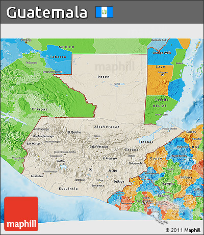 Shaded Relief 3D Map of Guatemala, political outside, shaded relief sea