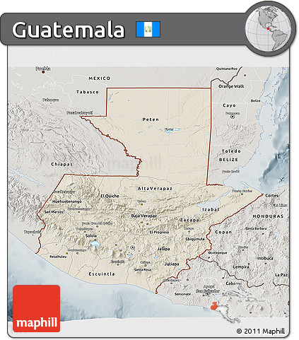 Shaded Relief 3D Map of Guatemala, semi-desaturated
