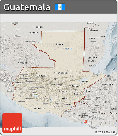 Shaded Relief 3D Map of Guatemala, semi-desaturated