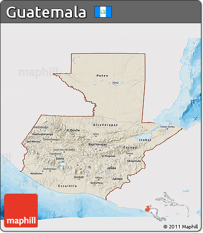 Shaded Relief 3D Map of Guatemala, single color outside, bathymetry sea, shaded relief sea