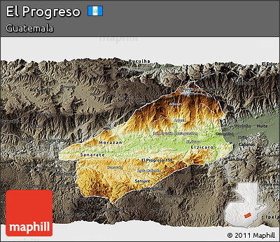 Physical 3D Map of El Progreso, darken, semi-desaturated