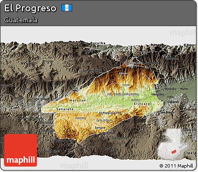 Physical 3D Map of El Progreso, darken, semi-desaturated