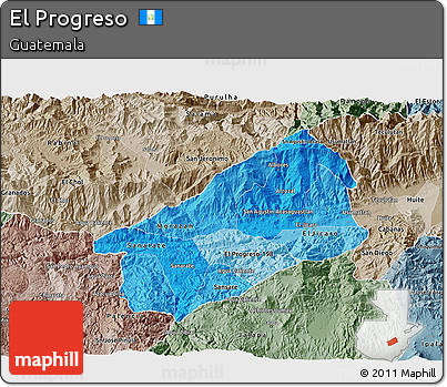 Political Shades 3D Map of El Progreso, semi-desaturated
