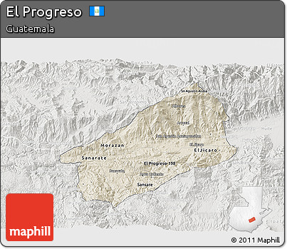 Shaded Relief 3D Map of El Progreso, lighten, semi-desaturated