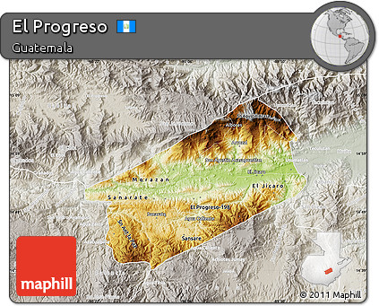 Physical Map of El Progreso, lighten, semi-desaturated