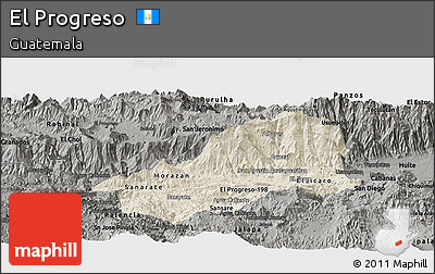 Shaded Relief Panoramic Map of El Progreso, darken, semi-desaturated
