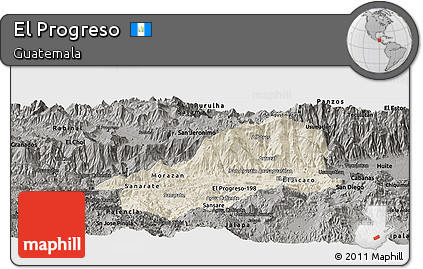 Shaded Relief Panoramic Map of El Progreso, darken, semi-desaturated
