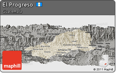 Shaded Relief Panoramic Map of El Progreso, darken, semi-desaturated