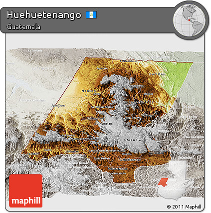 Physical 3D Map of Huehuetenango, lighten, semi-desaturated