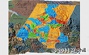 Political 3D Map of Huehuetenango, darken, semi-desaturated