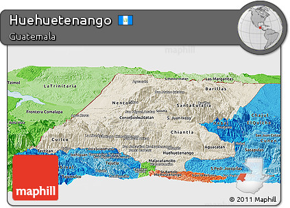 Shaded Relief Panoramic Map of Huehuetenango, political shades outside