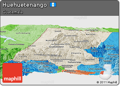Shaded Relief Panoramic Map of Huehuetenango, political shades outside